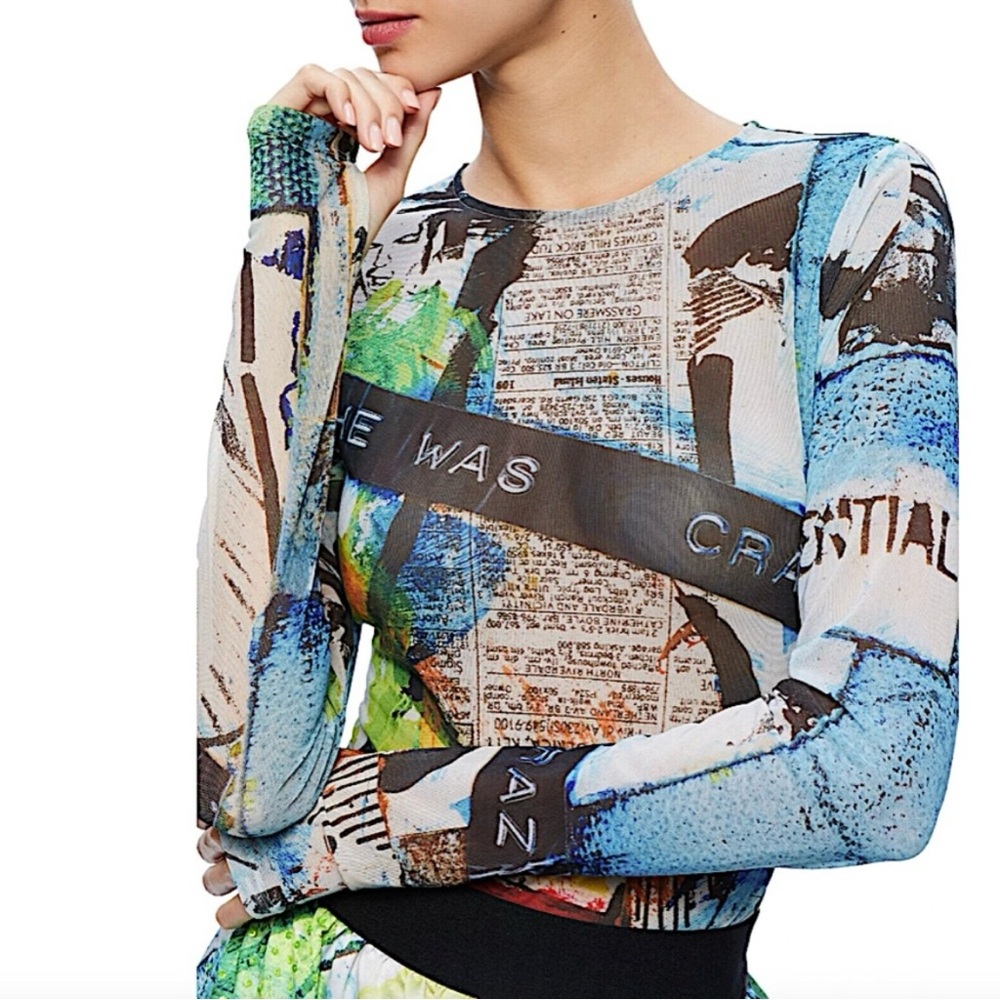 Alice + Olivia Blue Tan Graphic Long Sleeve Blouse